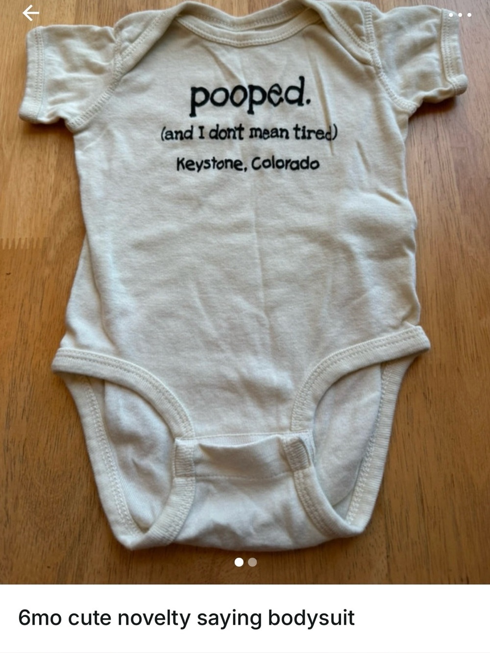 Cream Novelty Baby One-Piece Bodysuit with 'pooped.' Text 6 mo
